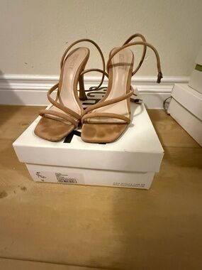 SCHUTZ Tan Strappy Square-Toe High Heel Sandals